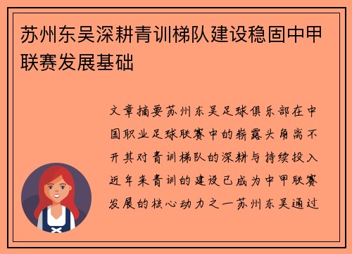 苏州东吴深耕青训梯队建设稳固中甲联赛发展基础